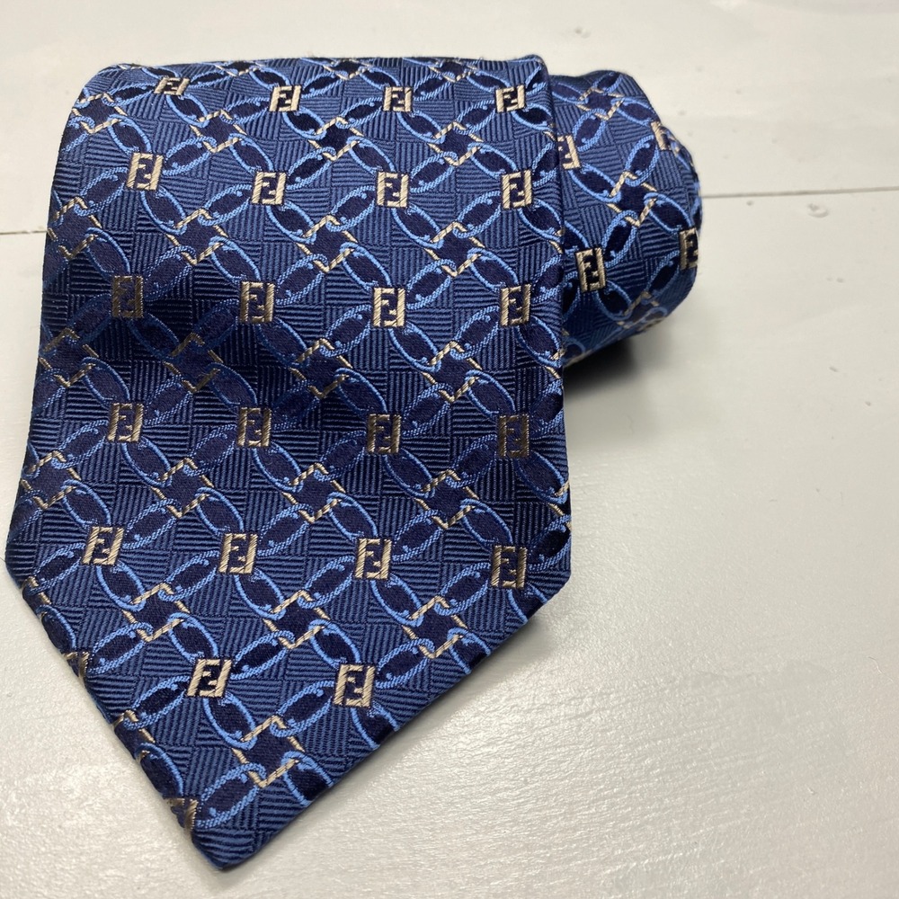 Fendi Silk Tie Mens Navy Zucca FF Logo Chain Link Jacquard Made Italy Vintage 80
